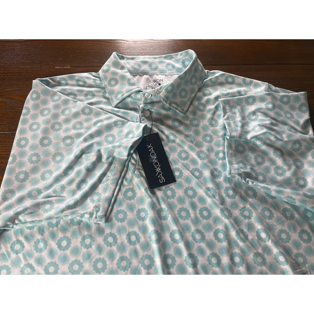 NEW Saxxon Oak Teal White Floral Golf Polo Shirt Mens 2XL NWT Performance - Picture 4 of 10
